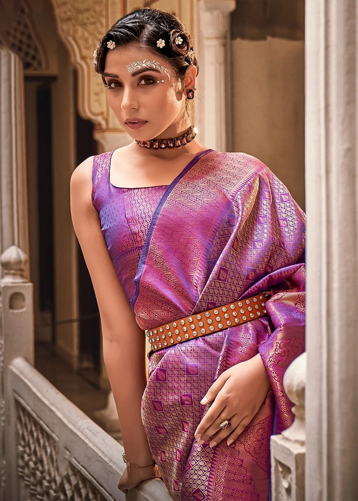 Wine Purple Zari Weaving Silk Wedding Wear Saree With Blouse