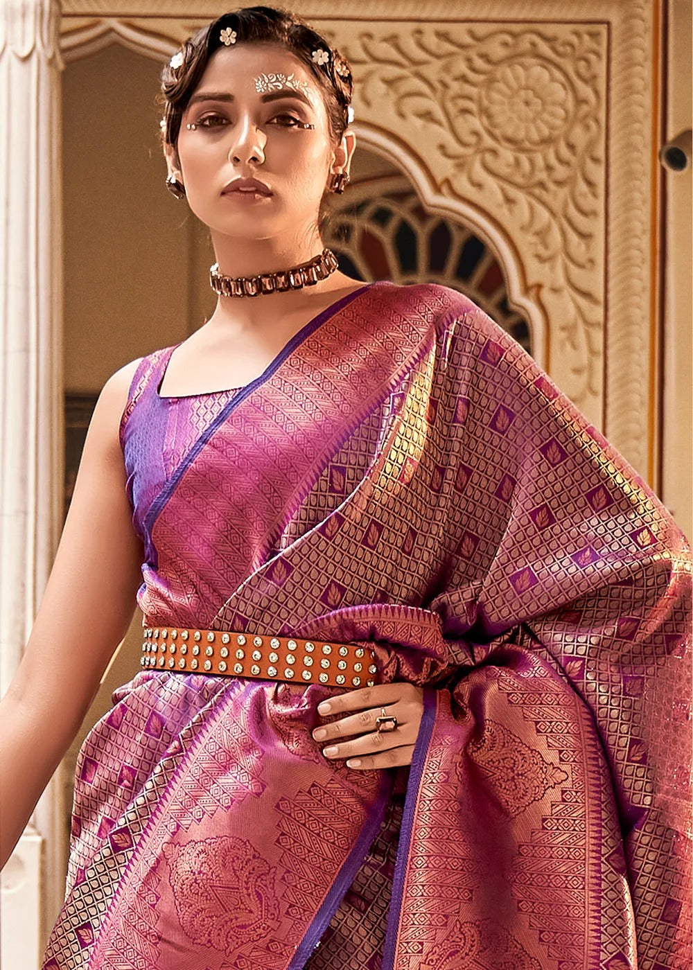 Wine Purple Zari Weaving Silk Wedding Wear Saree With Blouse