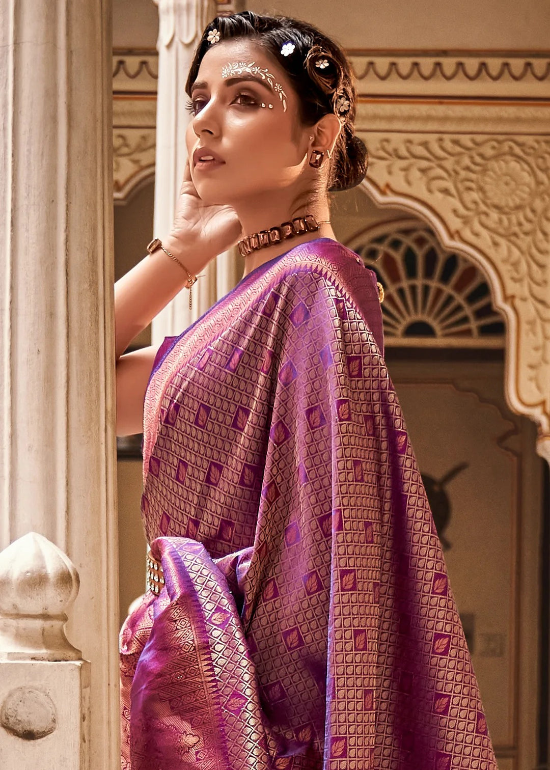 Wine Purple Zari Weaving Silk Wedding Wear Saree With Blouse