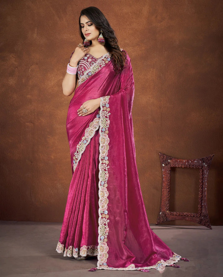 Sequence Stone Work Embroidered Banarasi crush Silk Pink Color Wedding Saree