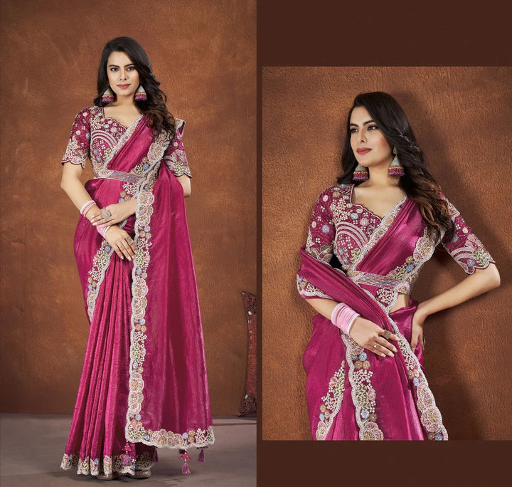 Sequence Stone Work Embroidered Banarasi crush Silk Pink Color Wedding Saree