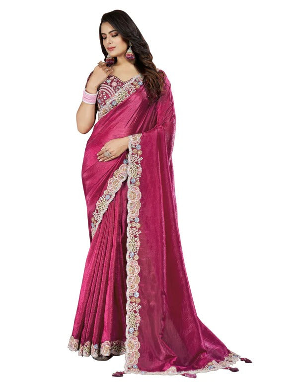 Sequence Stone Work Embroidered Banarasi crush Silk Pink Color Wedding Saree