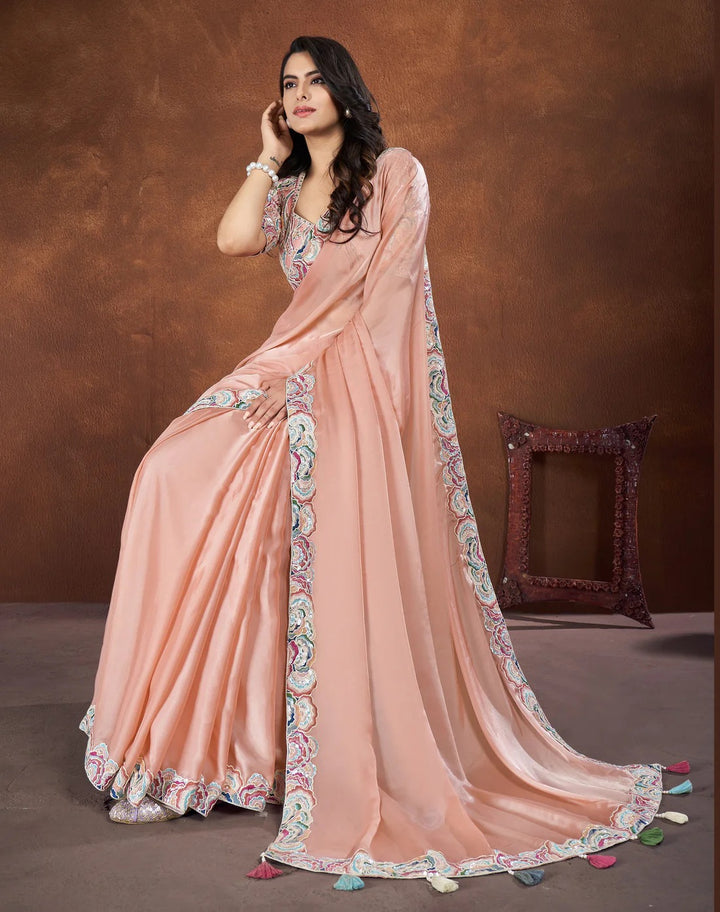 Peach Crepe Satin Silk Embroidered Saree With Stitched Blouse