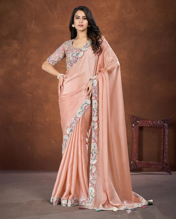 Peach Crepe Satin Silk Embroidered Saree With Stitched Blouse