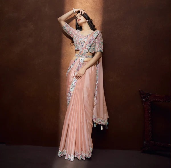 Peach Crepe Satin Silk Embroidered Saree With Stitched Blouse