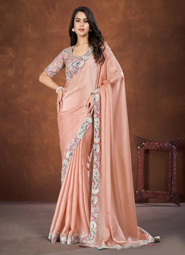 Peach Crepe Satin Silk Embroidered Saree With Stitched Blouse