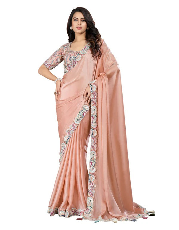 Peach Crepe Satin Silk Embroidered Saree With Stitched Blouse