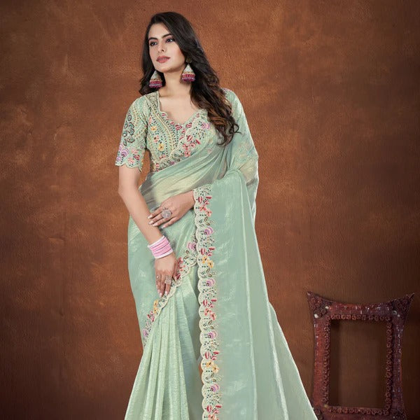 Sequence Stone And Thread Work Embroidered Banarasi crush Silk Sea Green Wedding Saree