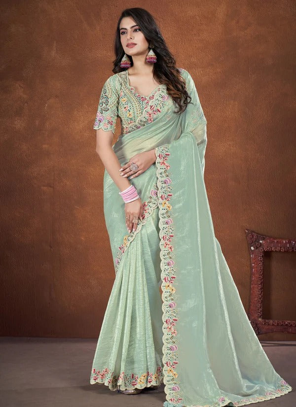 Sequence Stone And Thread Work Embroidered Banarasi crush Silk Sea Green Wedding Saree