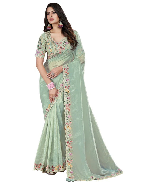 Sequence Stone And Thread Work Embroidered Banarasi crush Silk Sea Green Wedding Saree