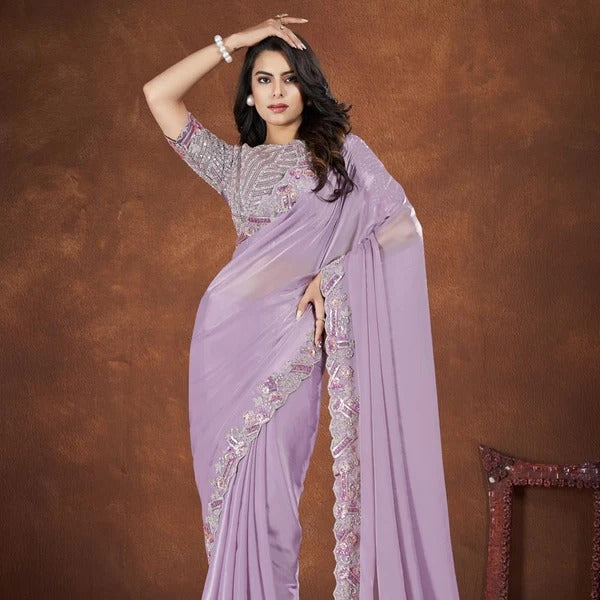 Lavender Crepe Satin Silk Embroidered Saree With Stitched Blouse