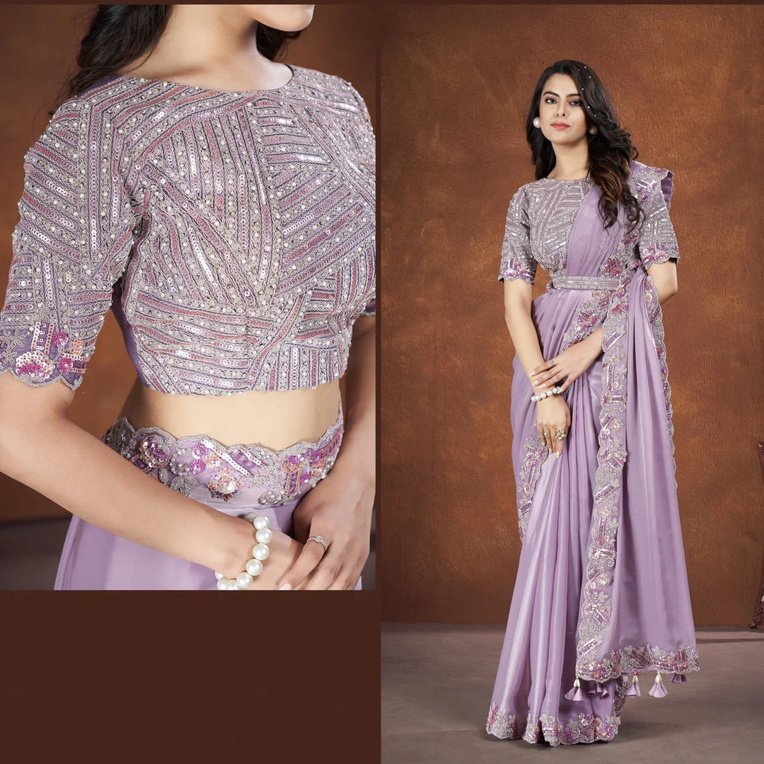 Lavender Crepe Satin Silk Embroidered Saree With Stitched Blouse