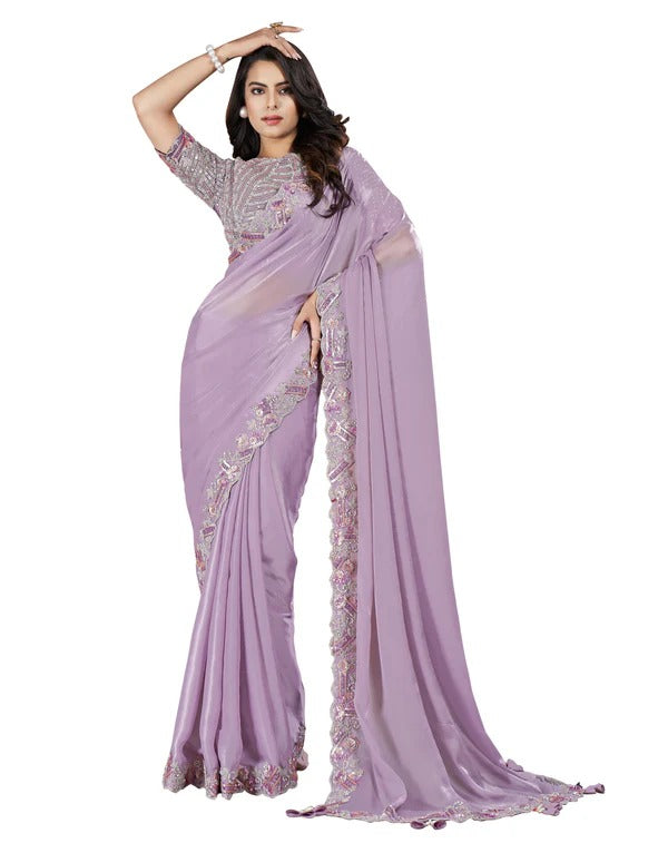 Lavender Crepe Satin Silk Embroidered Saree With Stitched Blouse