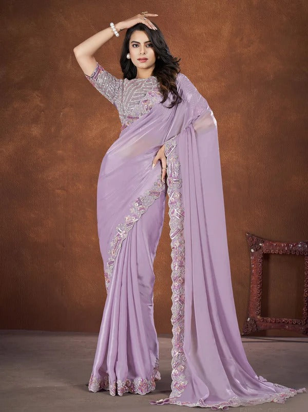 Lavender Crepe Satin Silk Embroidered Saree With Stitched Blouse