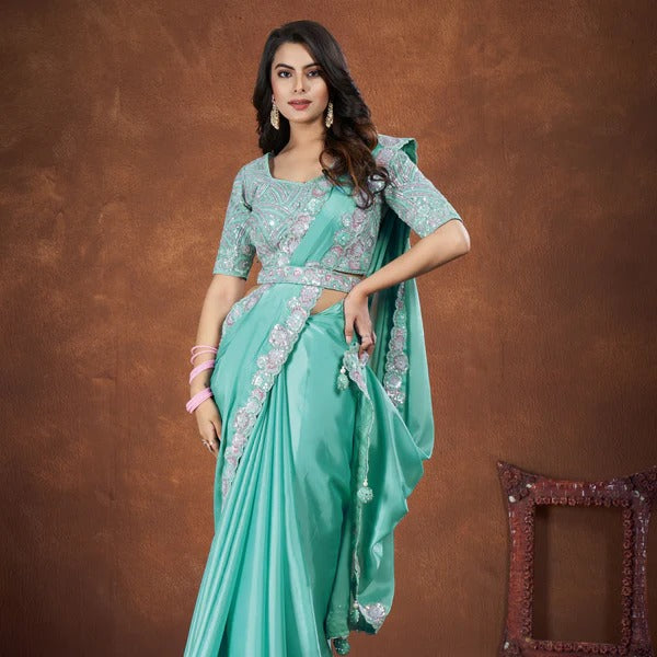 Aqua Blue Crepe Satin Silk Embroidered Saree With Stitched Blouse