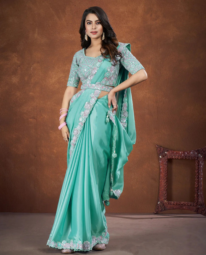 Aqua Blue Crepe Satin Silk Embroidered Saree With Stitched Blouse