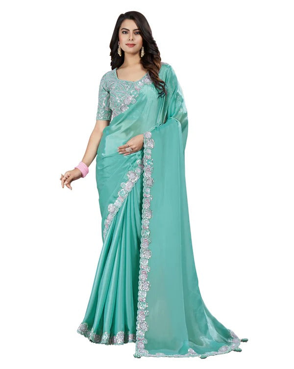 Aqua Blue Crepe Satin Silk Embroidered Saree With Stitched Blouse