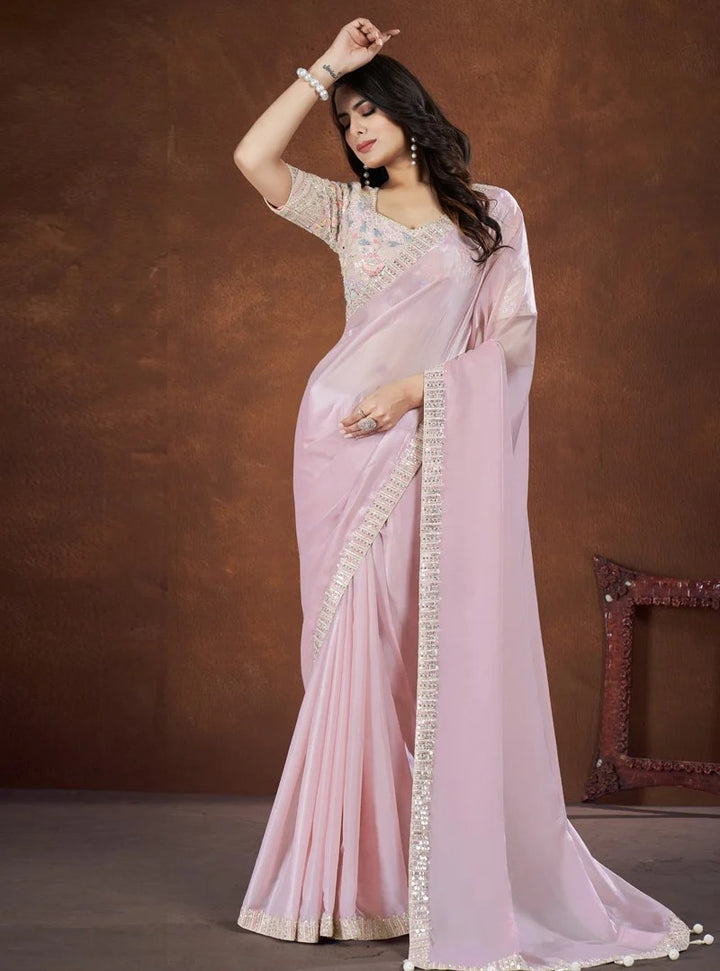 Baby Pink Crepe Satin Silk Embroidered Saree With Stitched Blouse