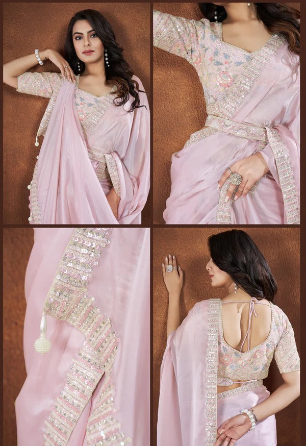 Baby Pink Crepe Satin Silk Embroidered Saree With Stitched Blouse