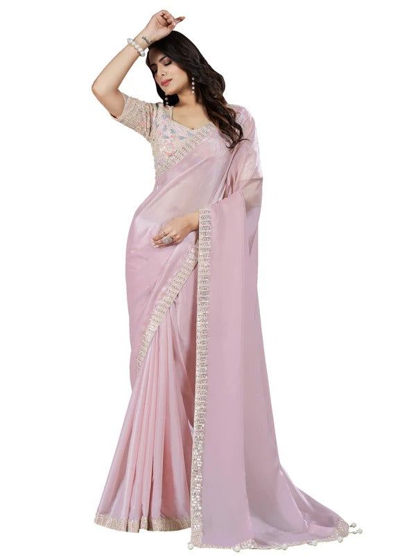 Baby Pink Crepe Satin Silk Embroidered Saree With Stitched Blouse