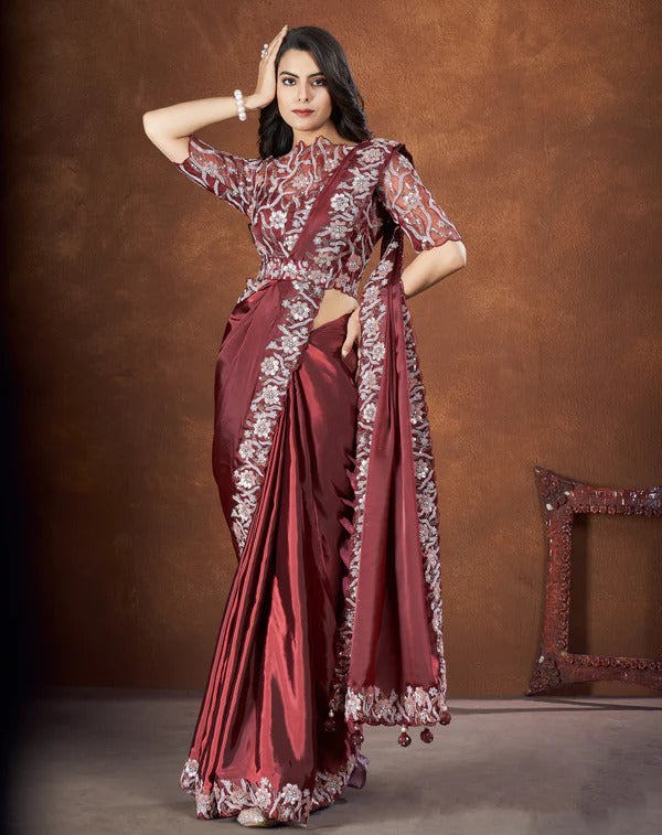 Dark Maroon Crepe Satin Silk Embroidered Saree With Stitched Blouse