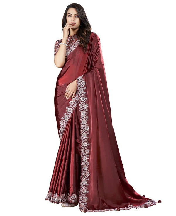 Dark Maroon Crepe Satin Silk Embroidered Saree With Stitched Blouse