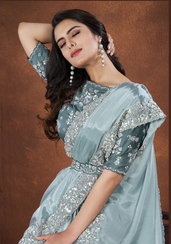 Turquoise Crepe Satin Silk Embroidered Saree With Stitched Blouse