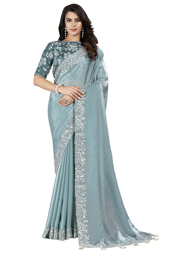 Elegant turquoise crepe satin silk saree with intricate embroidery and stitched blouse