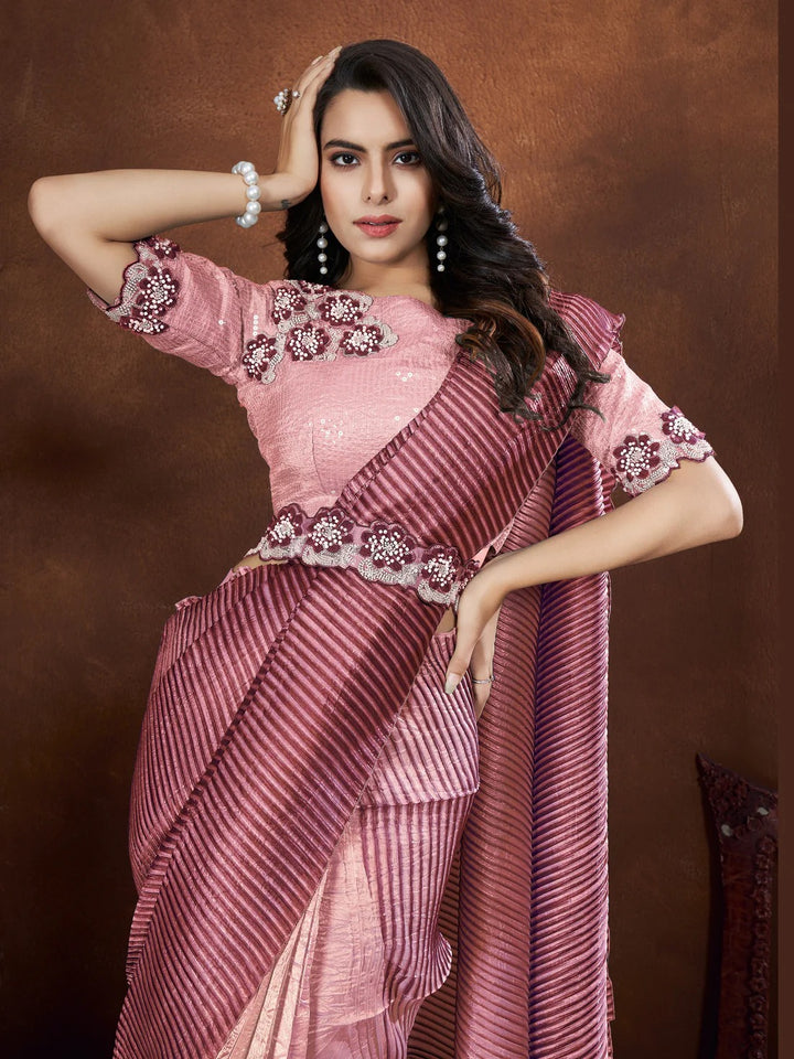 Pink Crepe Satin Silk Embroidered Saree With Stitched Blouse