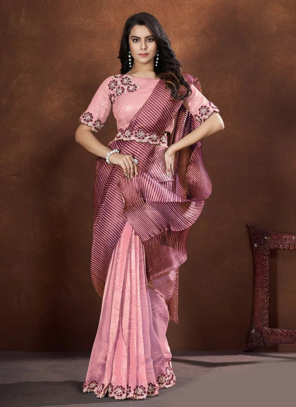 Pink Crepe Satin Silk Embroidered Saree With Stitched Blouse