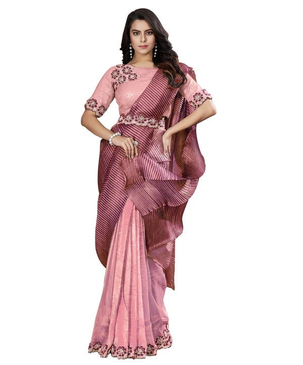 Pink Crepe Satin Silk Embroidered Saree With Stitched Blouse