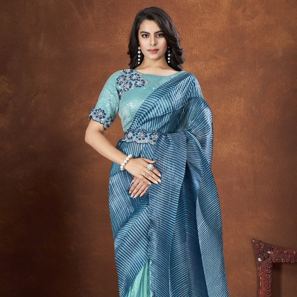 Sequence Stone Work Embroidered Banarasi crush Silk Blue Color Wedding Saree