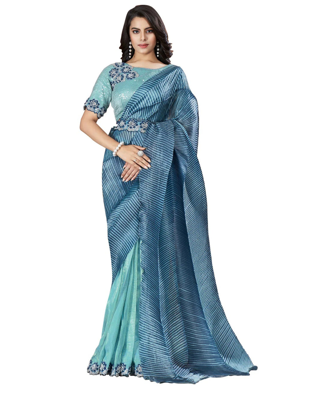 Sequence Stone Work Embroidered Banarasi crush Silk Blue Color Wedding Saree