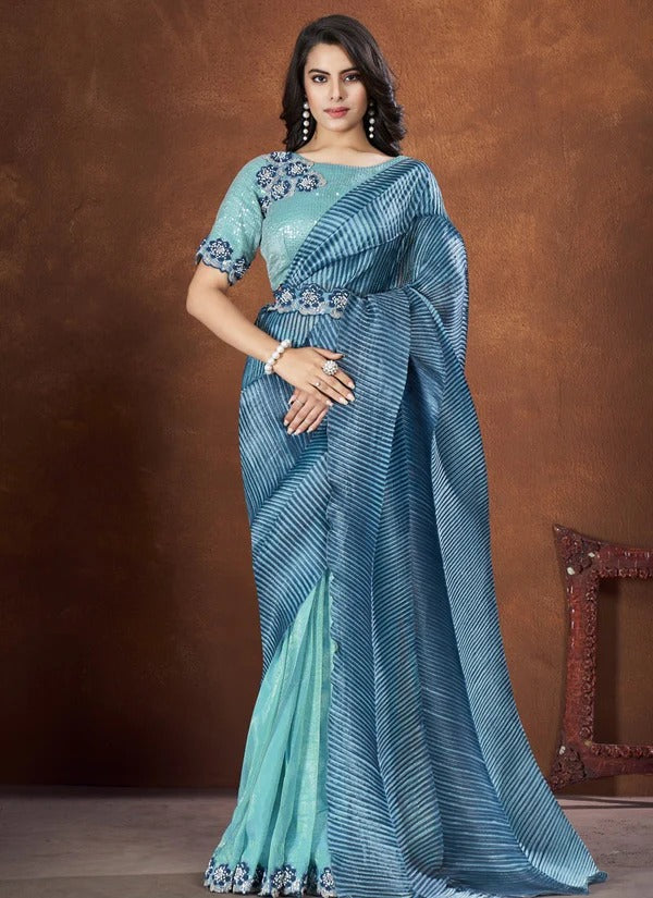 Sequence Stone Work Embroidered Banarasi crush Silk Blue Color Wedding Saree