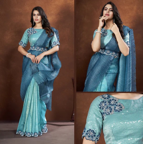 Sequence Stone Work Embroidered Banarasi crush Silk Blue Color Wedding Saree