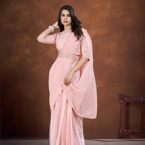 Peach Crepe Satin Silk Embroidered Saree With Stitched Blouse