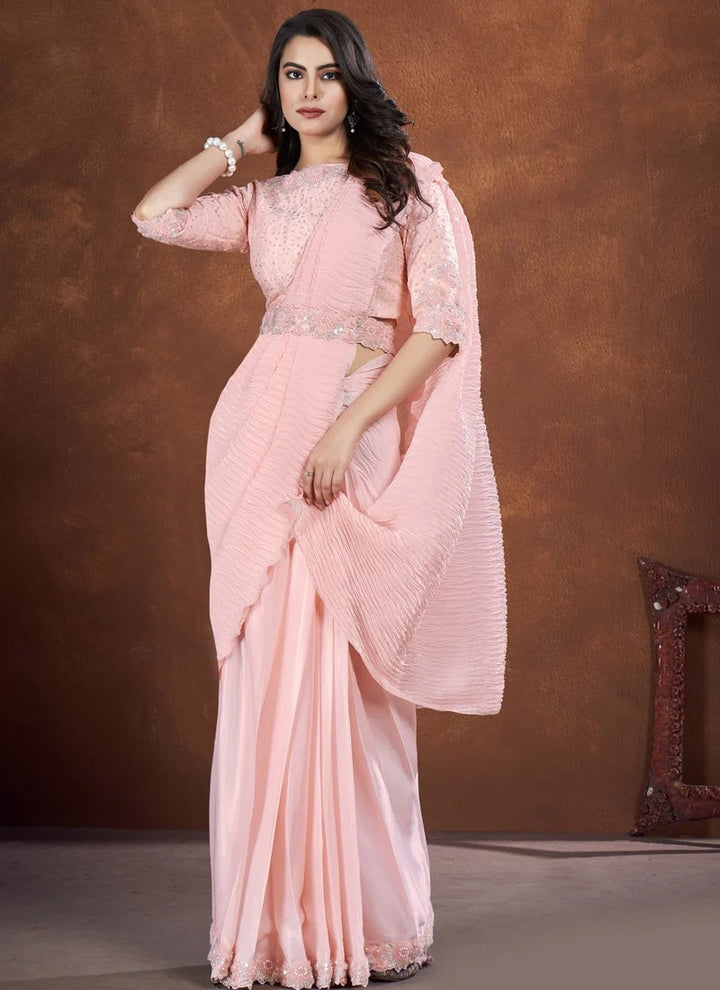 Peach Crepe Satin Silk Embroidered Saree With Stitched Blouse