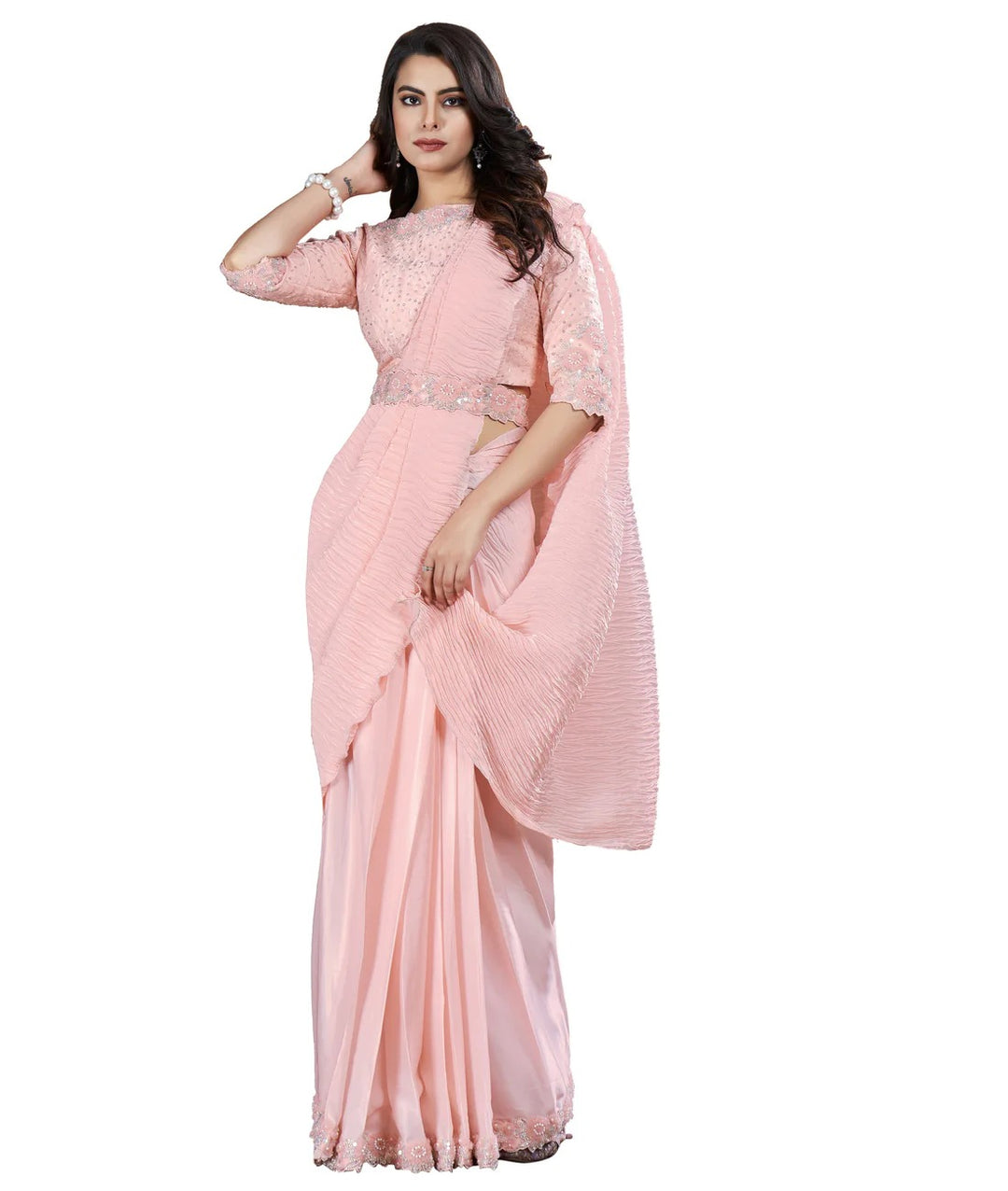 Peach Crepe Satin Silk Embroidered Saree With Stitched Blouse