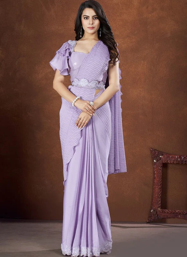 Lavender Crepe Satin Silk Embroidered Saree With Stitched Blouse