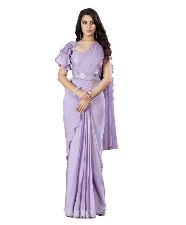 Lavender Crepe Satin Silk Embroidered Saree With Stitched Blouse