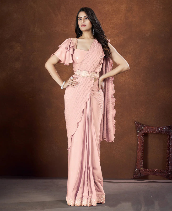 Peach Crepe Satin Silk Embroidered Saree With Stitched Blouse