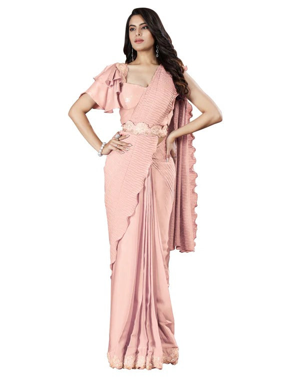 Peach Crepe Satin Silk Embroidered Saree With Stitched Blouse