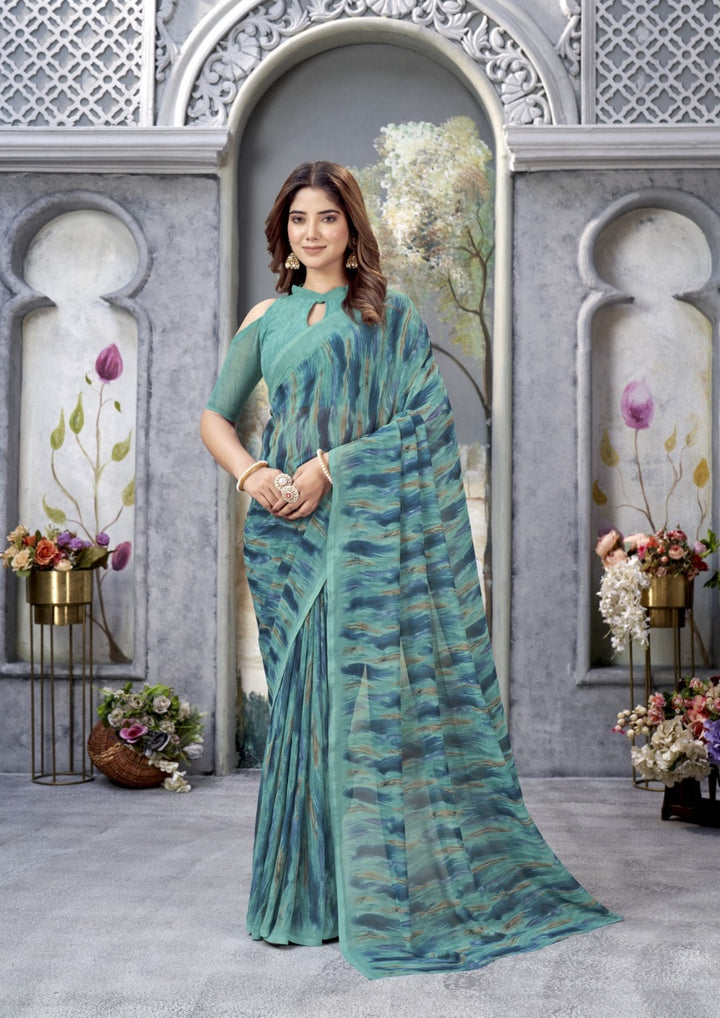 BEAUTIFUL RAMA GREEN COLOUR ETHNIC FLORAL PRINTED WEIGHTLESS FABRIC SAREE