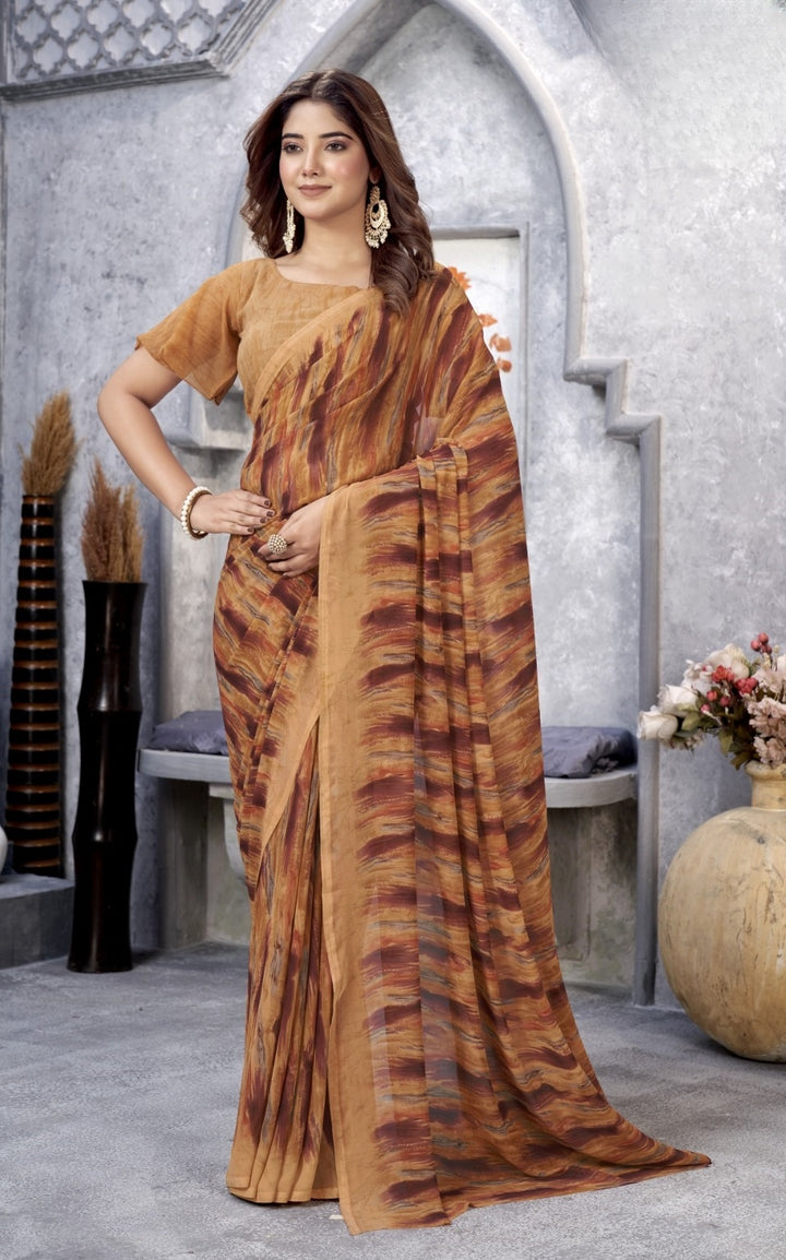 BEAUTIFUL COFFEE COLOUR ETHNIC FLORAL PRINTED WEIGHTLESS FABRIC SAREE