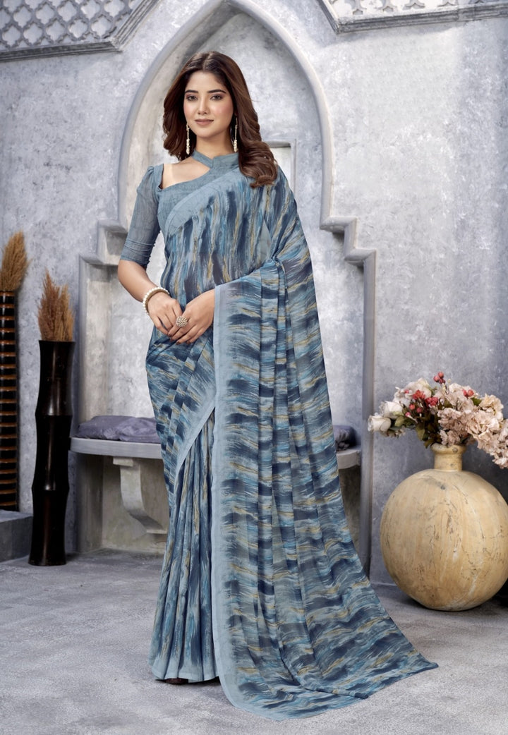 BEAUTIFUL GRAY COLOUR ETHNIC FLORAL PRINTED WEIGHTLESS FABRIC SAREE