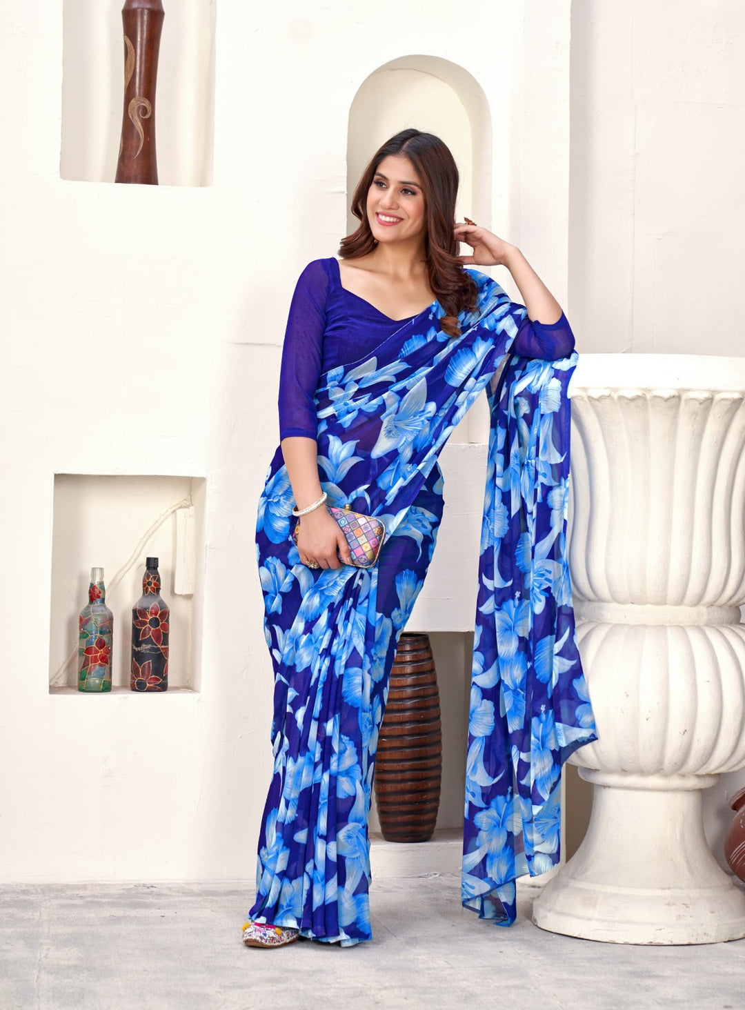 BEAUTIFUL NAVY BLUE COLOUR ETHNIC FLORAL PRINTED WEIGHTLESS FABRIC SAREE