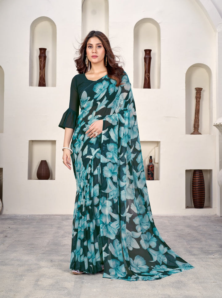 BEAUTIFUL DARK GREEN COLOUR ETHNIC FLORAL PRINTED WEIGHTLESS FABRIC SAREE