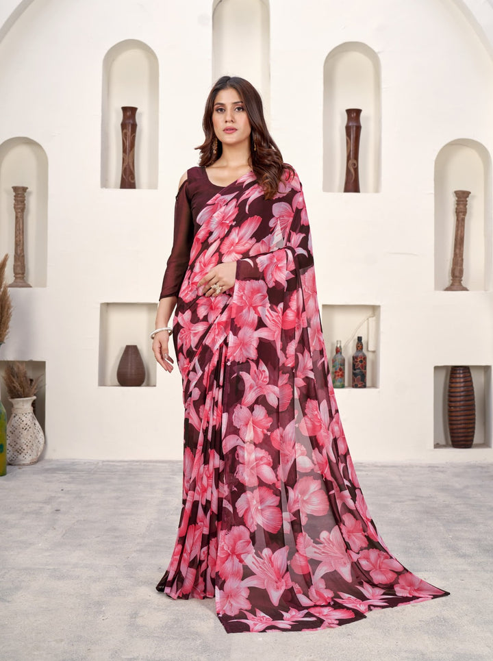 BEAUTIFUL DARK MAROON COLOUR ETHNIC FLORAL PRINTED WEIGHTLESS FABRIC SAREE