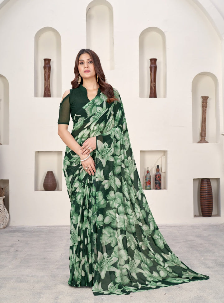 BEAUTIFUL GREEN COLOUR ETHNIC FLORAL PRINTED WEIGHTLESS FABRIC SAREE