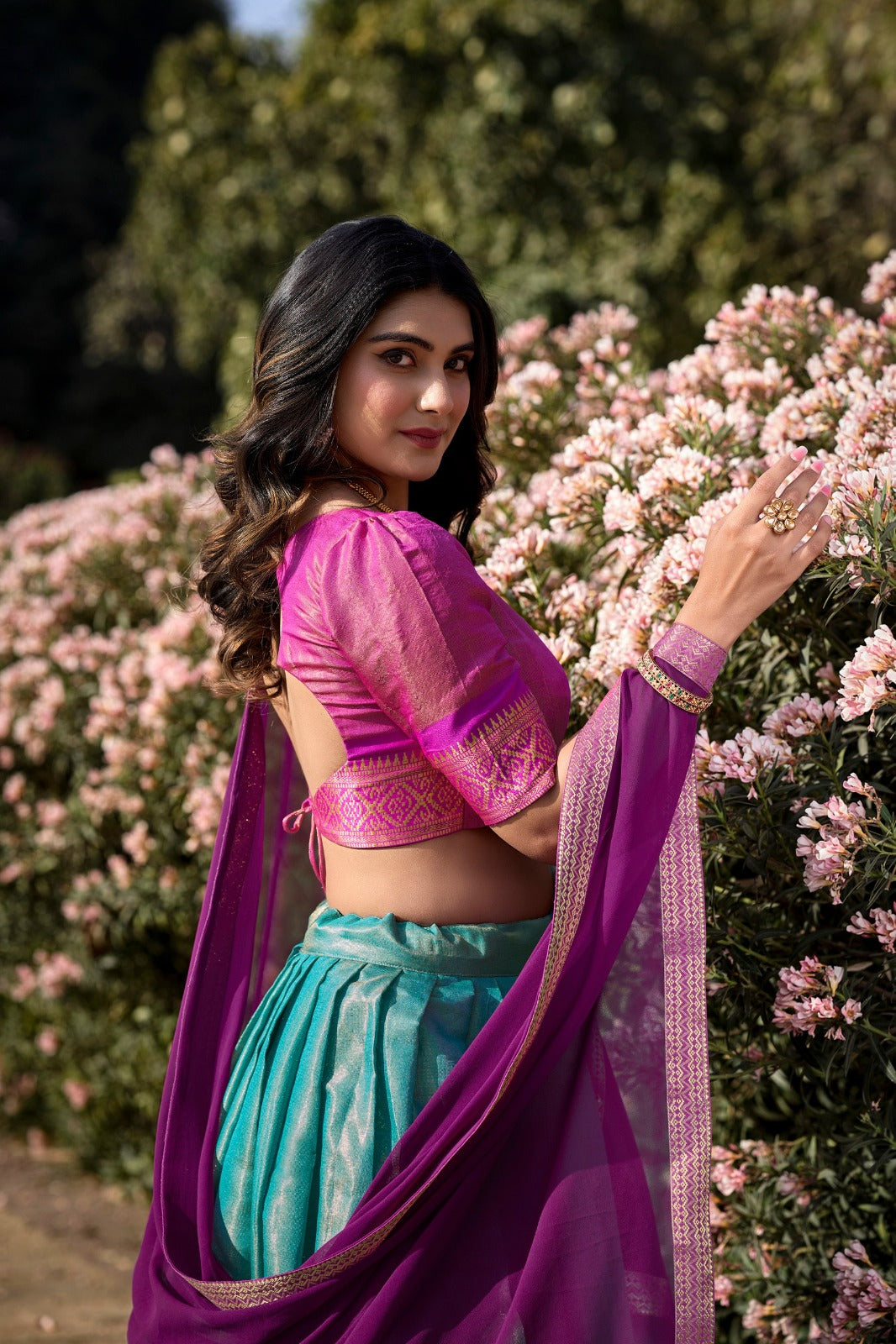 South-style Kanchipuram silk lehenga choli in Sky Blue Color